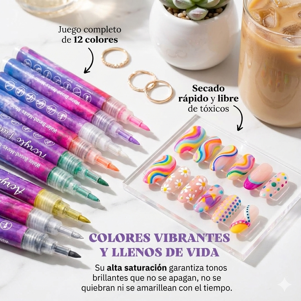 Kit de 12 Marcadores Acrílicos Pro: Diseños de Salón en Casa (Sin Tener Buen Pulso) + Guía 🎁