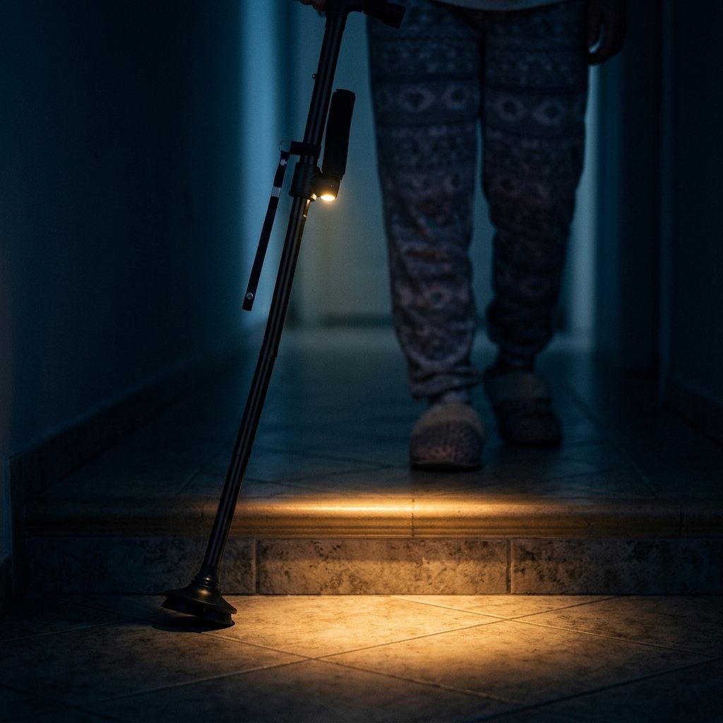 La luz LED del bastón iluminando el borde de un escalón en un pasillo a oscuras