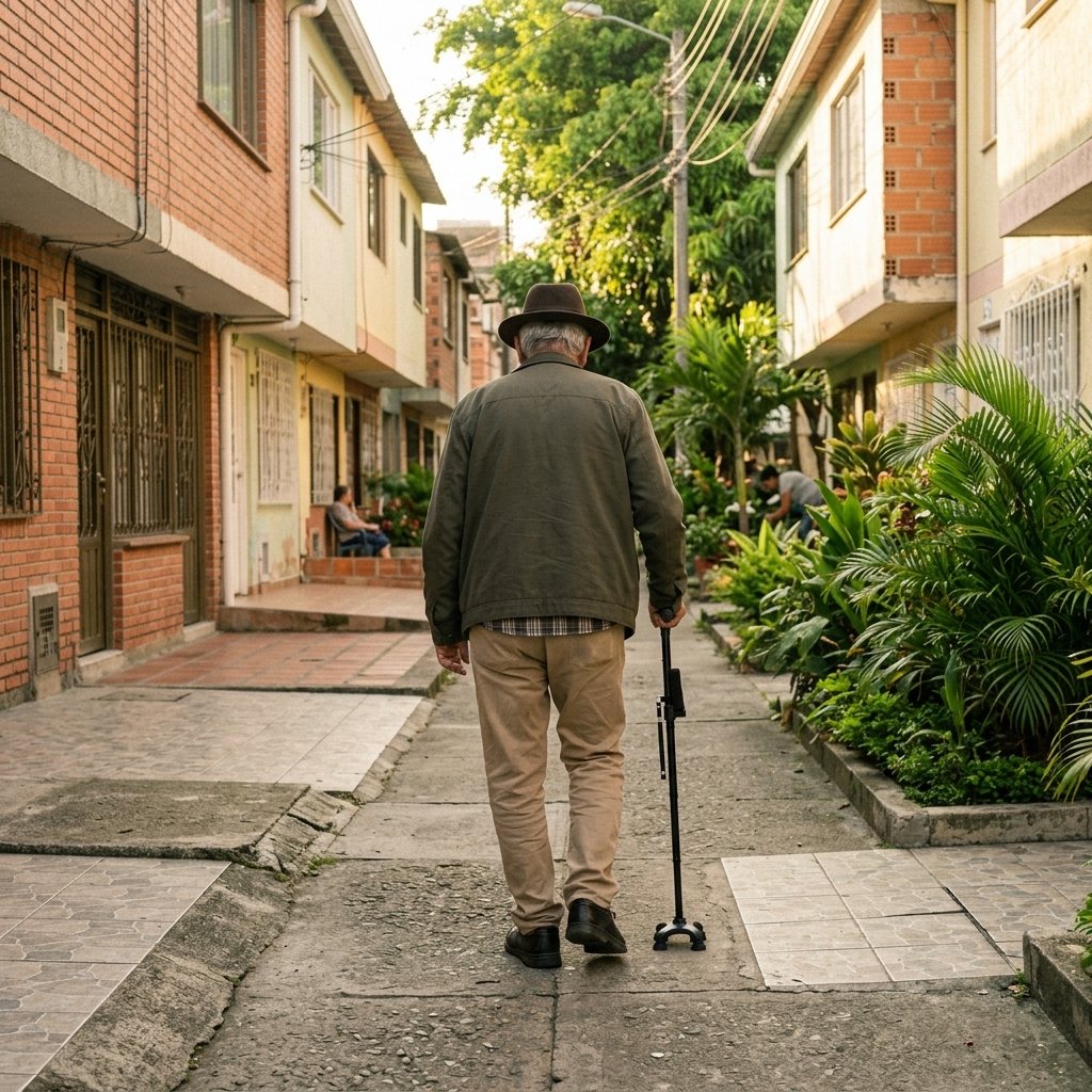 Hombre mayor caminando tranquilo por el andén de su barrio, apoyado en el bastón